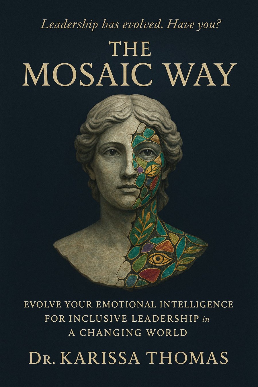 The Mosaic Way — a classical bust, half carved stone and half living mosaic